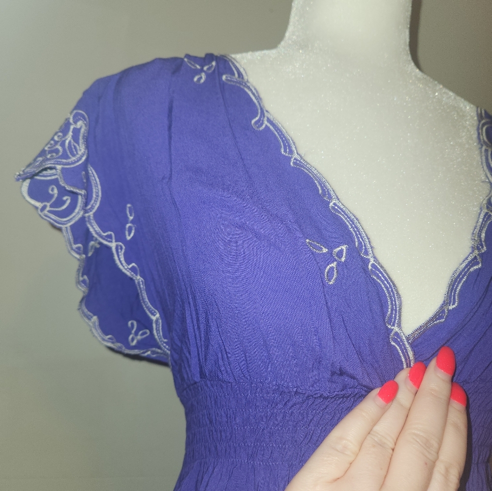 Bright Royal Purple Y2k Embroidered Boho Babydoll Tunic Top Medium M Forever 21 - Picture 5 of 7